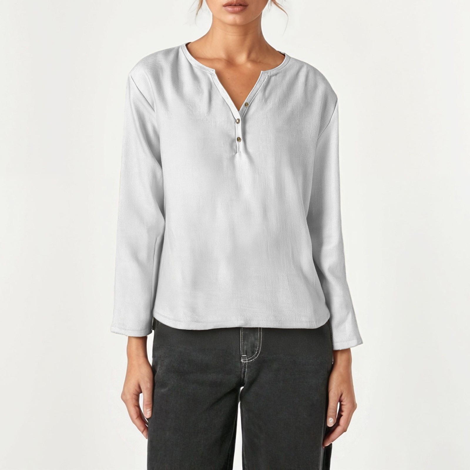 thumbnail image 2 of Camiseta informal de manga larga y cuello en V - Elegante cuello en V, color versátil, tejido cómodo, 2 of 5